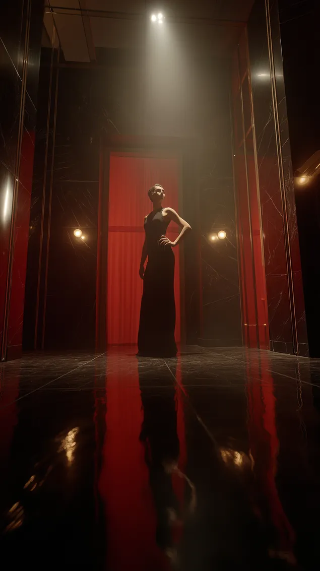 Ταπετσαρία Δραματική σιλουέτα μιας γυναίκας με αυτοπεποίθηση με φόρεμα σε αντανακλαστικό φόντο HD