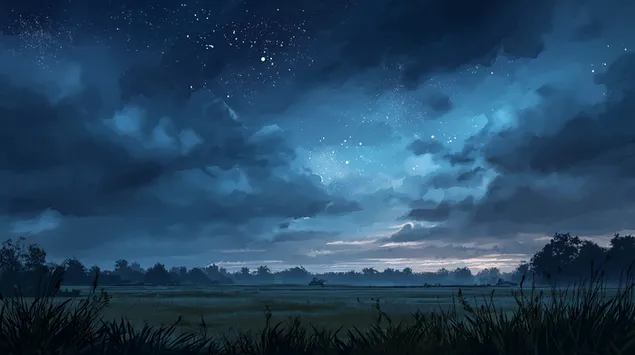 Драматично небо над поле во самрак 2K тапет