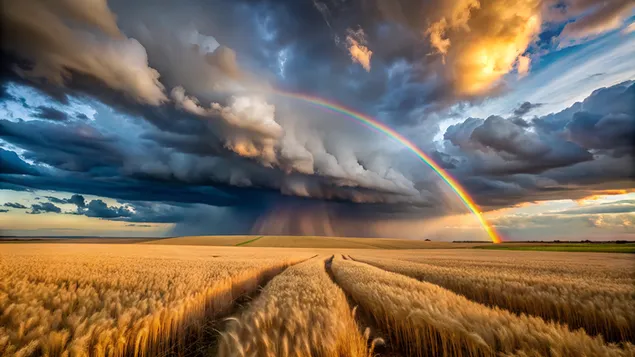 Dramatic storm clouds over rolling wheat fields with a rainbow emerging in the distance 4K wallpaper