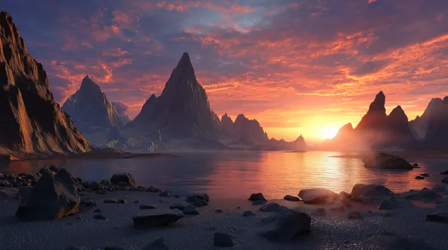 Matahari terbenam yang dramatik di atas Puncak Bergerigi dan Air Tenang 2K kertas dinding