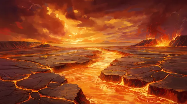 Erupção vulcânica dramática com paisagem de lava fluindo 2K papel de parede