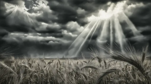 paisaje dramatico de campo de trigo con rayos de sol y cielo tormentoso descargar