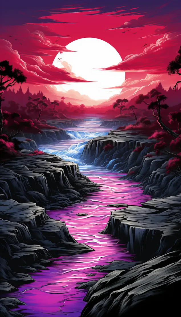 Ağaçlar arasında derin, hızlı akan nehir ve gün batımının çizimi 4K duvar kağıdı