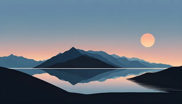湖に映る山と太陽の絵 ダウンロード