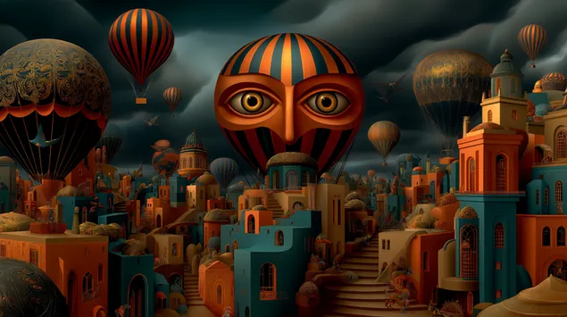 Sanjivi krajolik s balonima na vrući zrak i hirovitim gradom 2K pozadina