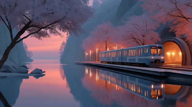 stacion treni endrrash prane ujit ne perendimin e diellit me peme te ngrira shkarkim