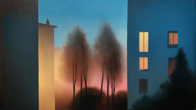 Sanjivi urbani pejzaž sa siluetama drveća u sumrak 2K pozadina