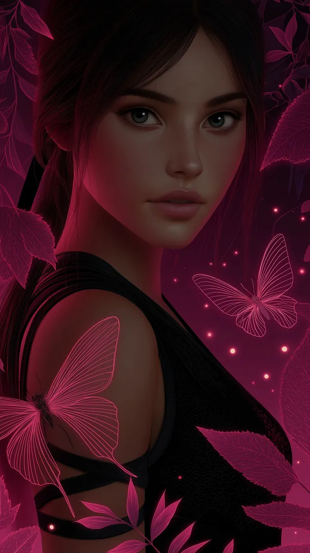 unelmainen tumma keijumuotokuva hehkuvilla perhosilla lataa