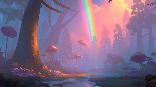Dromerig bos met stralende regenboog en fantastische schimmels 2K achtergrond
