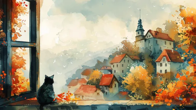 Tapeta Zasněný pohled zvědavé kočky v evropské vesnici 8K