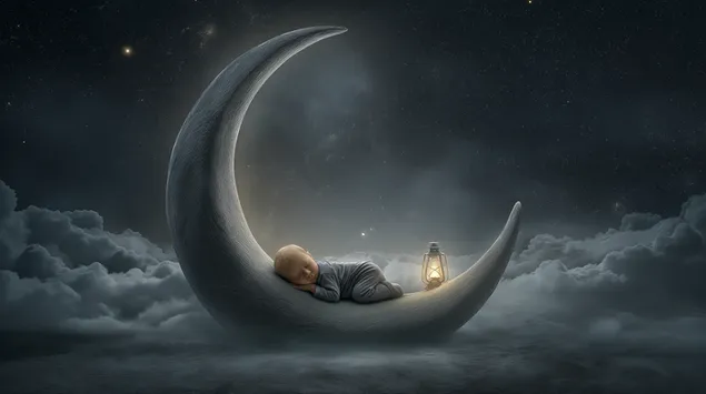 Sanjiva novorođenčad spava na mjesecu s lampionom 2K pozadina