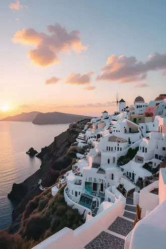 dreamy santorini sunrise over white cliffside villages & the sparkling aegean sea download