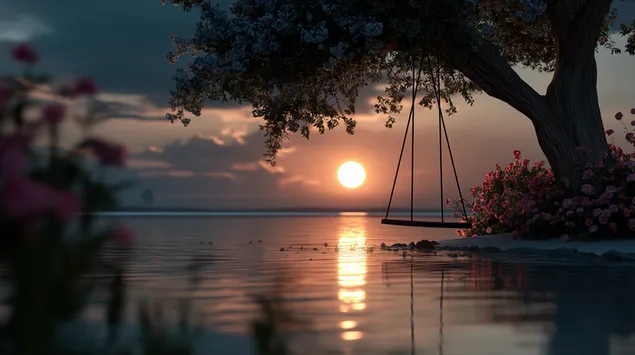 sakin sular uzerinde gun batiminda ruya gibi salincak indir
