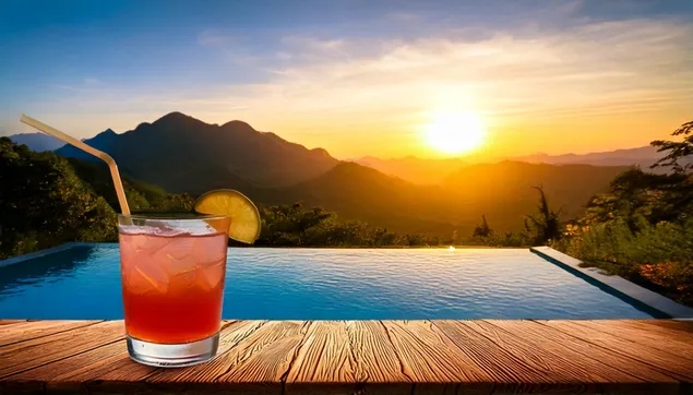 Piće pored bazena sa prekrasnim pogledom 2K pozadina