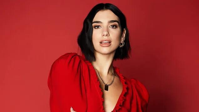 Dua lipa beautiful necklace red dress and red background download