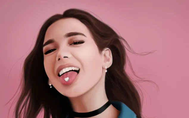 Taustpilt Dua lipa ajab ta naeratades keele välja ja keelel on südamekujuline 4K