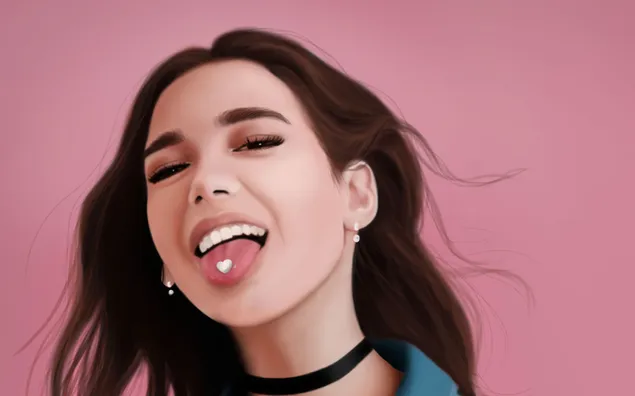 Dua lipa she sticks her tongue out smiling and has a heart shape on her tongue download