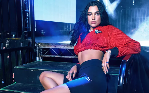 Dua lipa  sitting on the stage steps in her shorts download
