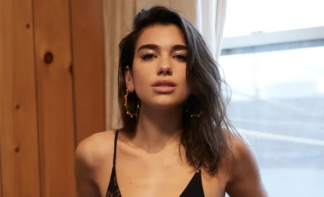 Dua lipa with black outfit in front of wooden walled window download