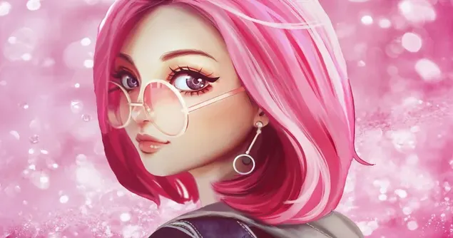 Dulce mirada de una chica bonita con cabello rosado, ojos bonitos y anteojos frente a un fondo rosado descargar