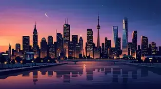odraz panoramatu mesta za soumraku: ilustrace zapadu slunce v moderni metropoli stahnout