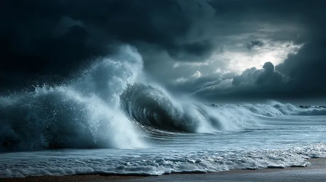 tonn chosta dinimiciuil ag briseadh ar chladach stoirmiuil ioslodail