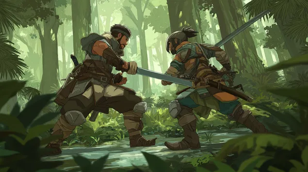 דו-קרב דינמי בסביבת יער שופעת 2K טפט