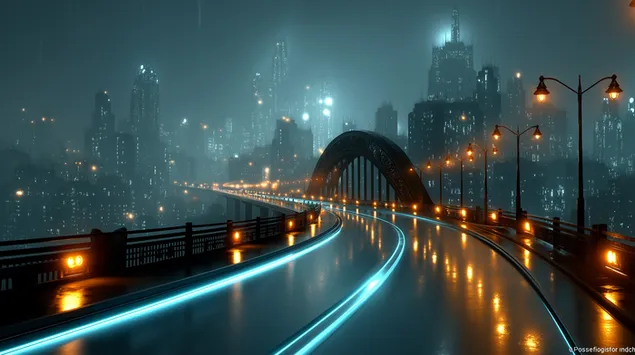 dynamische toekomstige stadssnelweg met lichtgevende paden 's nachts download