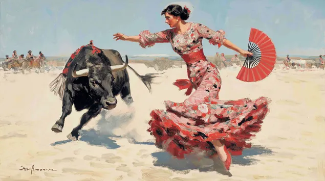 סצנת מטאדור דינמית: אישה רוקדת עם שור 2K טפט