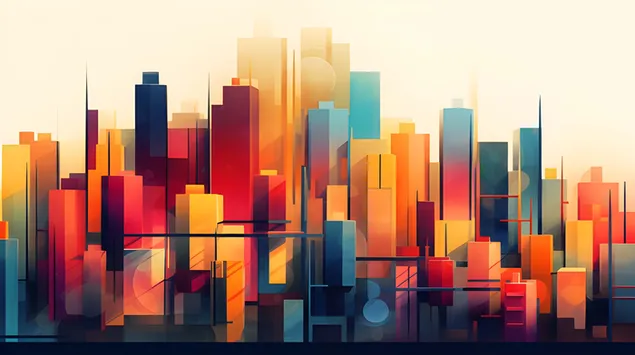 dinamiska minimalisma pilsetas ainava ar geometriskiem debesskrapjiem saulrieta lejupieladet