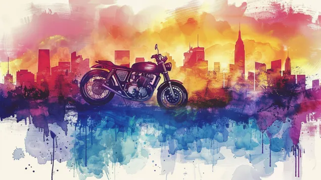 רחובות דינמיים של עיר צבעונית עם אופנוע וינטג' 8K טפט