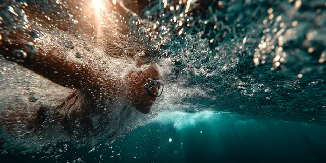 accio dinamica del nedador subaquatic amb esquitxades de superficie baixada