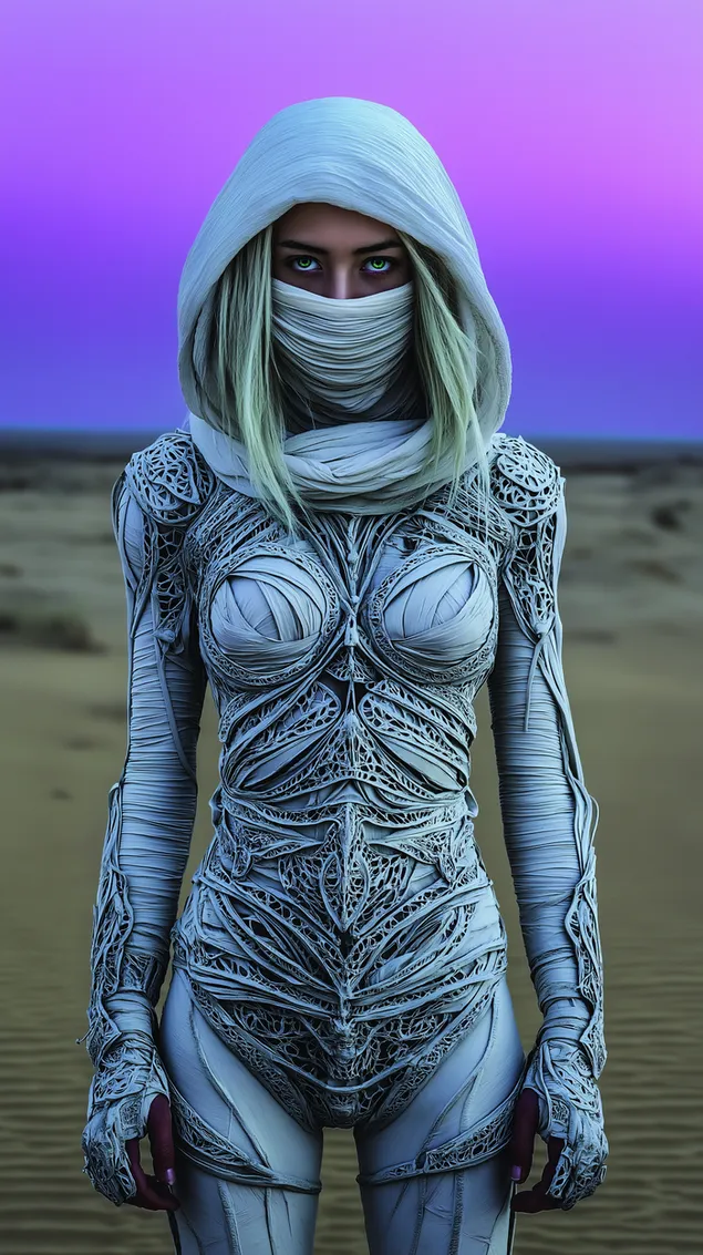 Дистопијска фигура са замршеном одећом на песковитом терену HD позадина