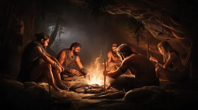 ankstyvieji zmones renkasi aplink lauza tamsioje oloje atsisiusti