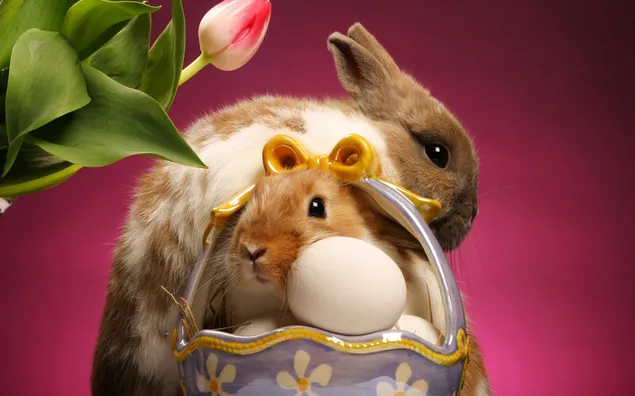 ウサギと赤の背景に花とイースターの日のお祝い