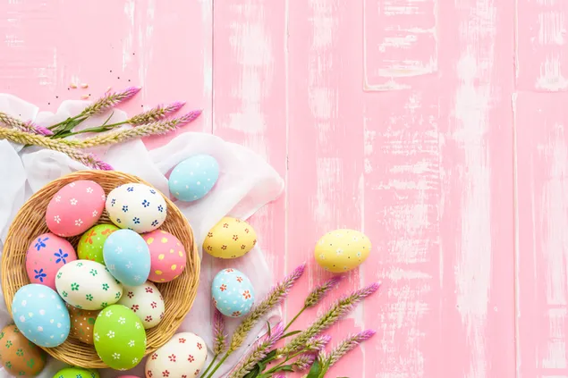 Easter flower printed egg in a basket with pink wallpaper background download