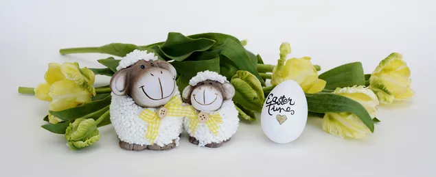 Easter time with white sheeps and yellow flowers