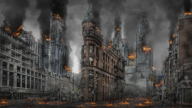edificios ardiendo en guerra