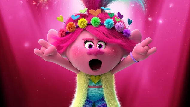 Een Amerikaans computergeanimeerd muzikaal komisch filmpersonage met roze haar en kleurrijke haarspelden
