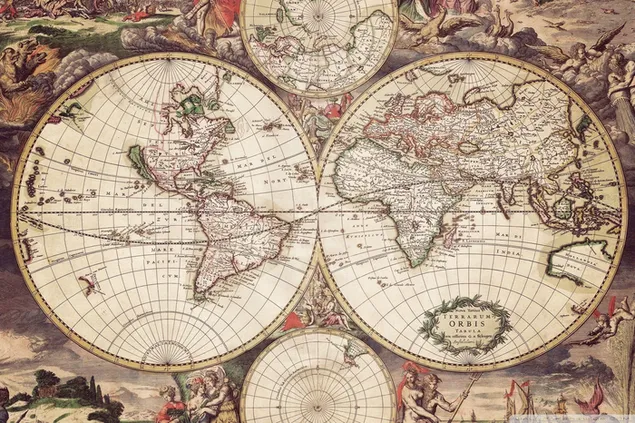 Een vintage afbeelding van de continenten van de wereld getekend op oud papier