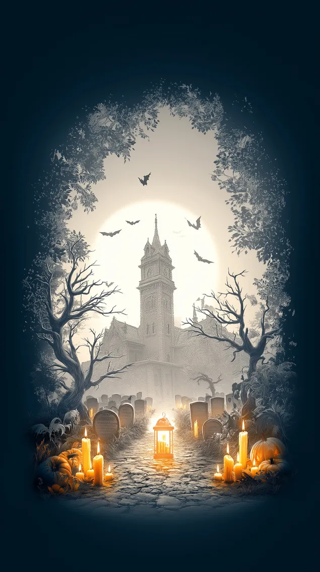 Tapeta Zlověstný hřbitov s lucernou, pohled na kostelní stavbu, úplněk HD