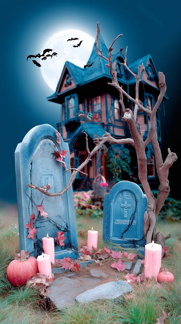 Tapeta Strašidelný halloweenský hřbitov Strašidelný dům Úplňkový noční scéna HD