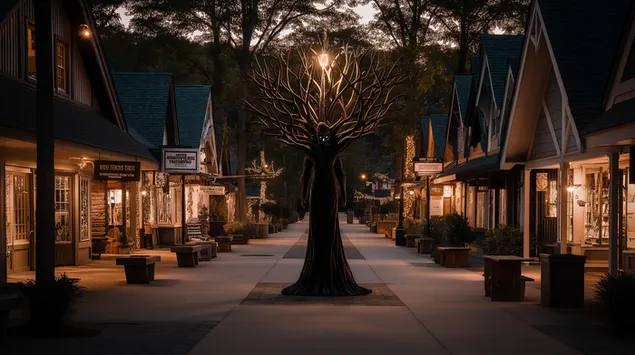 شجرة مضيئة غريبة في شارع توايلايت تاون 2K خلفية