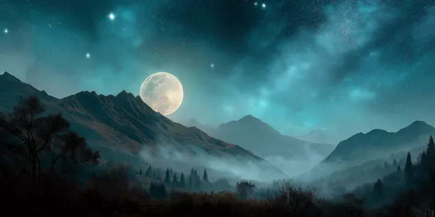 jeziva maglovita planinska dolina pod sjajnim punim mjesecom nocu preuzmi