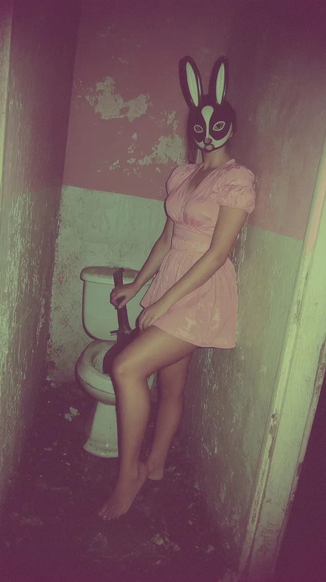 zhutkaya figurka v maske krolika v zabroshennoy vannoy komnate skachat'
