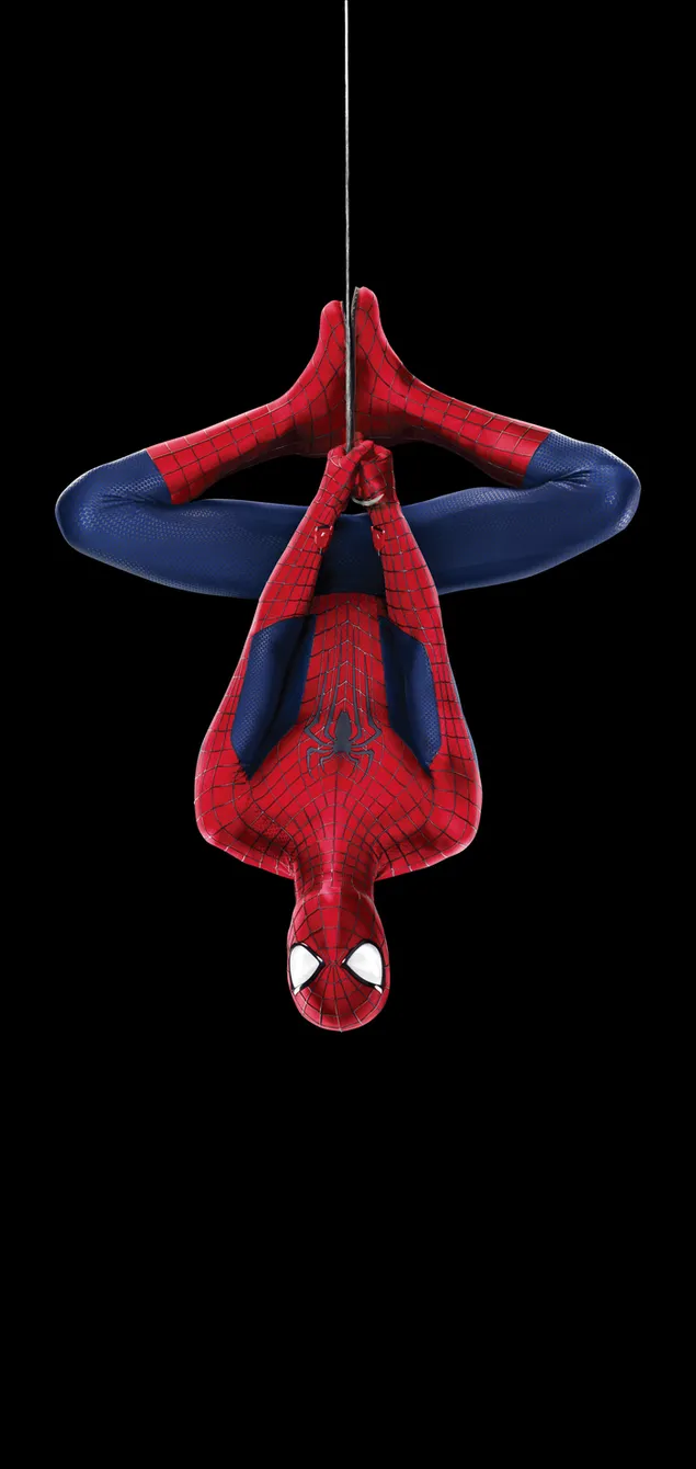 El hombre araña del personaje de Marvel posa boca abajo en una telaraña con un traje familiar rojo y azul