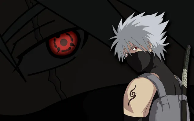 El personaje de anime canoso Naruto posa con un traje negro con una espada en la espalda frente al fondo descargar