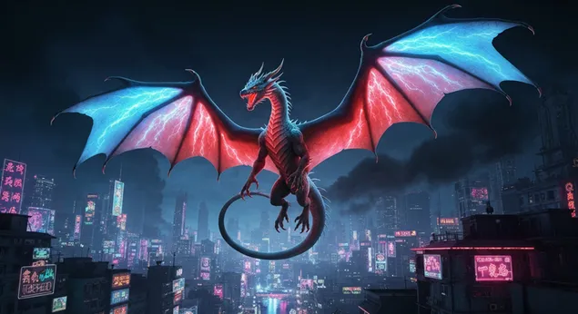 דרקון חשמלי מרחף מעל עיר סייברפאנק ניאון כרקע לשולחן העבודה 4K טפט