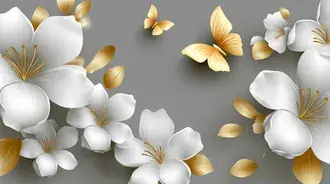 Elegantes flores blancas en 3D y mariposas doradas sobre fondo gris 2K fondo de pantalla