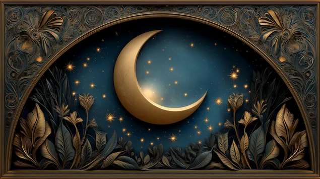 Elegant båge med gyllene måne och stjärnklara lövverk 2K bakgrund